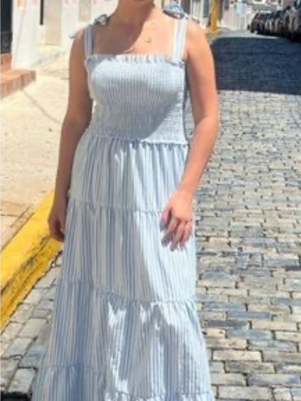 crown & ivy Light Blue and White Striped Tiered Maxi Dress